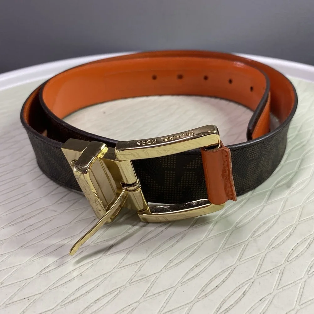 Michael Kors Brown W/Orange PVC Inside Belt MK LOGO Gold Buckle. 42